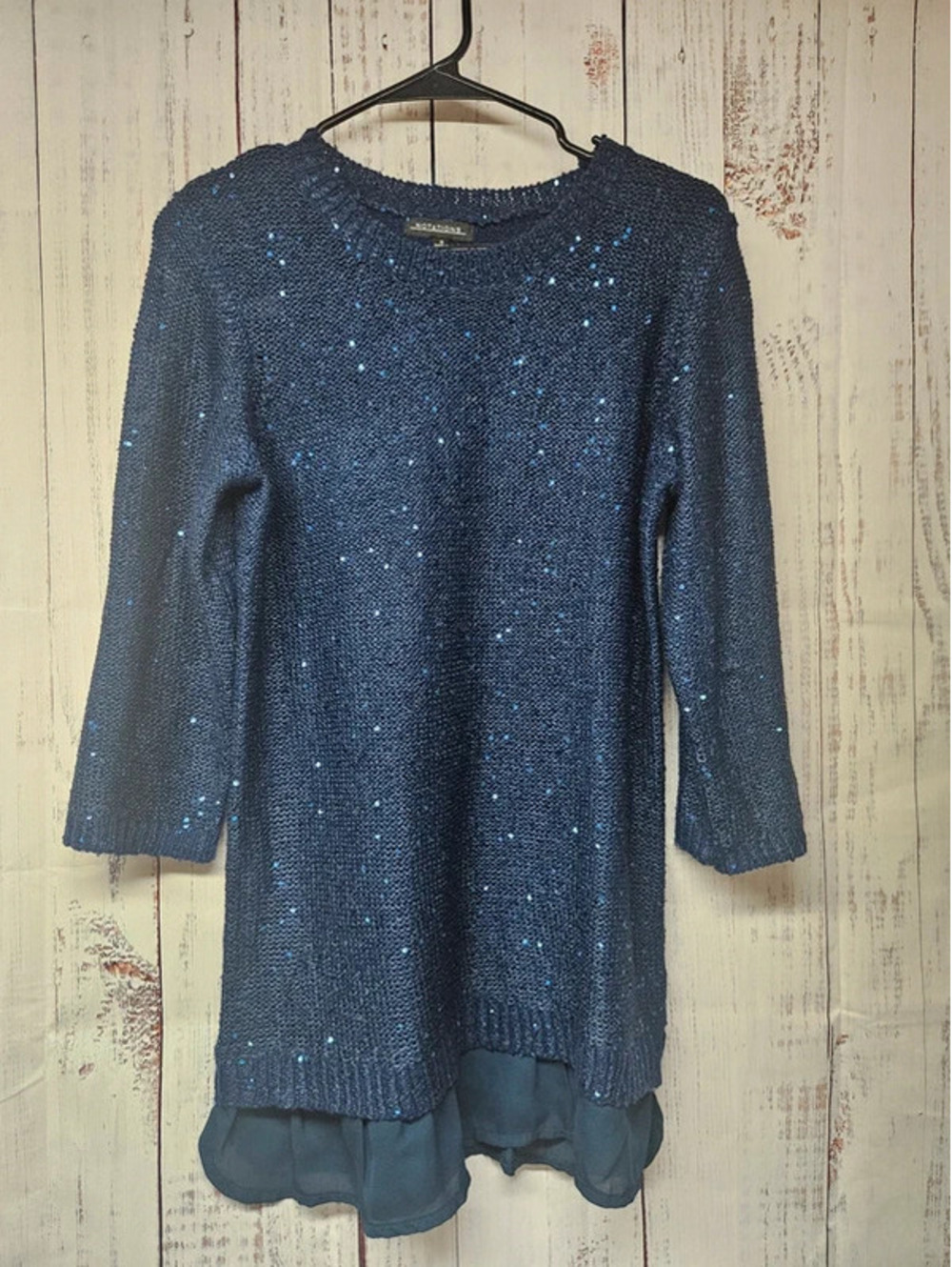Notations Women's Navy Blue Sequin Knit Tunic Sweater Size Small
